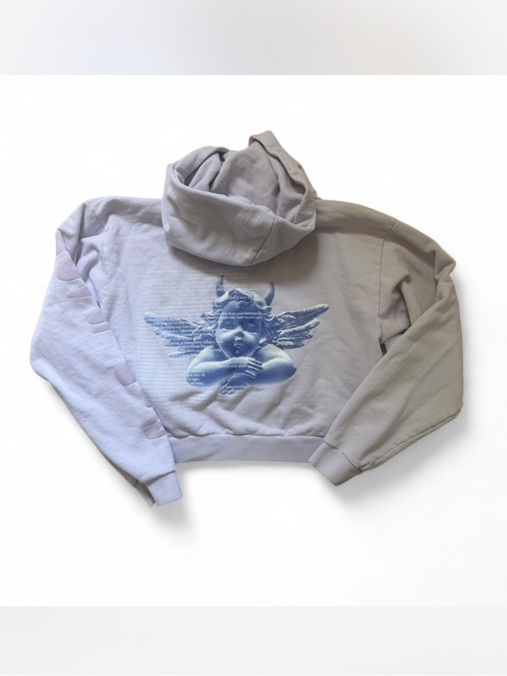 Boys Lie Lavender Hoodie with Blue Cherub Graphic on back & “Boys Lie” on sleeve